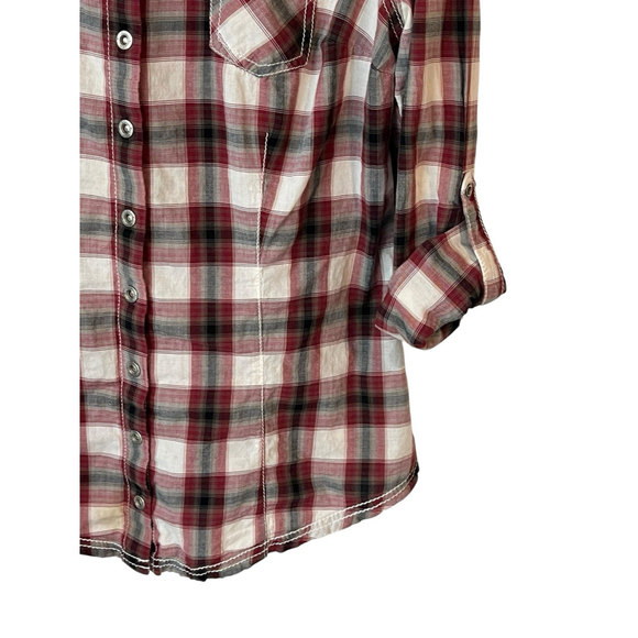 GUESS Button Up Shirt Women's Large Burgundy Plaid Embroidered - Picture 5 of 10